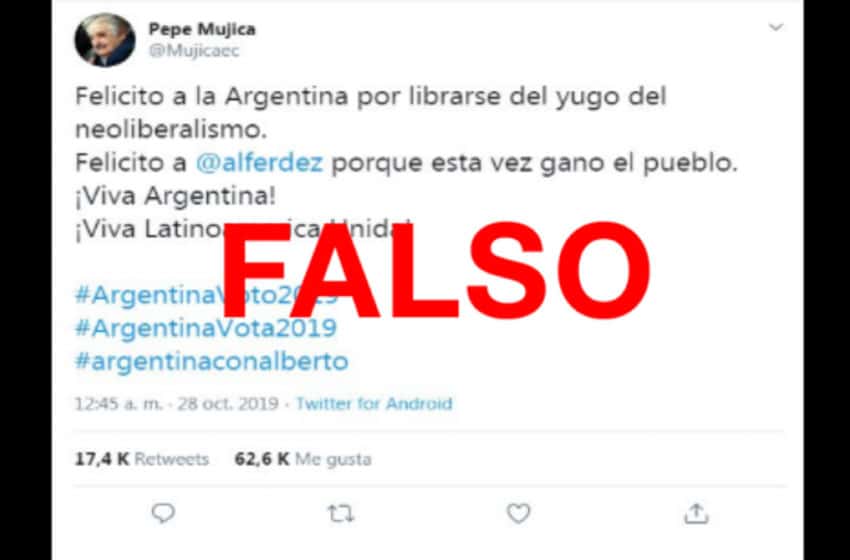 Es falso el tuit en el que el ex presidente uruguayo José Mujica felicitó a la Argentina y a Alberto Fernández por el triunfo del Frente de Todos