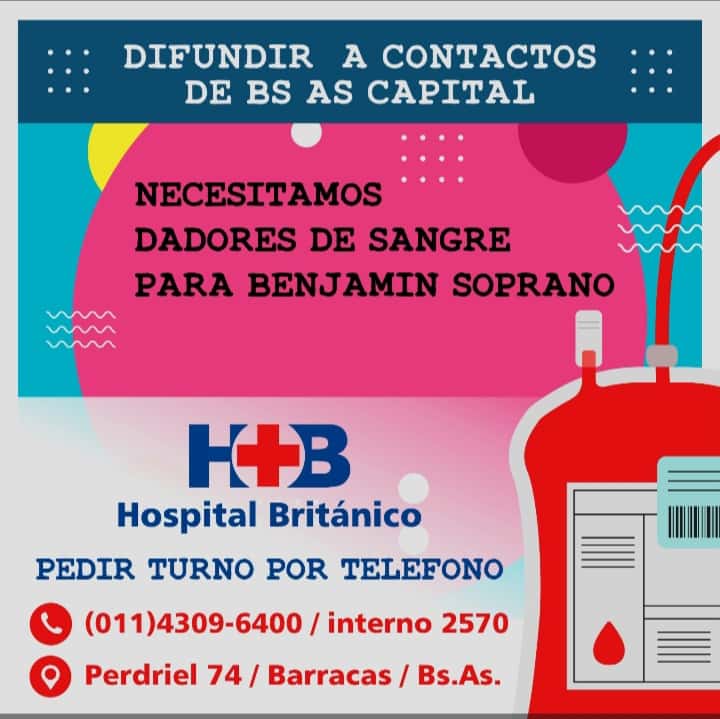 Piden dadores de sangre para un niño internado en Buenos Aires