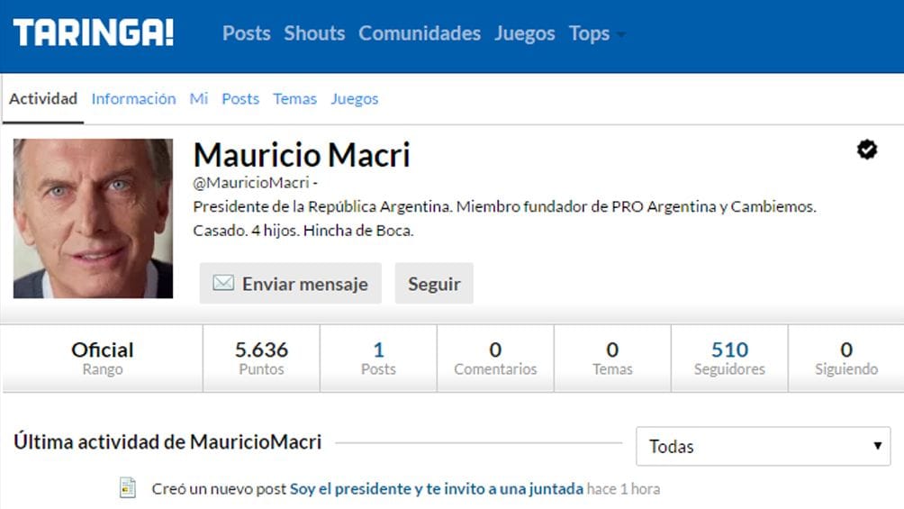 Macri abrió una cuenta en Taringa y propuso una "juntada presidencial"