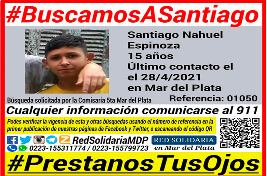 Buscamos a Santiago: desapareció un menor de 15 años en Mar del Plata