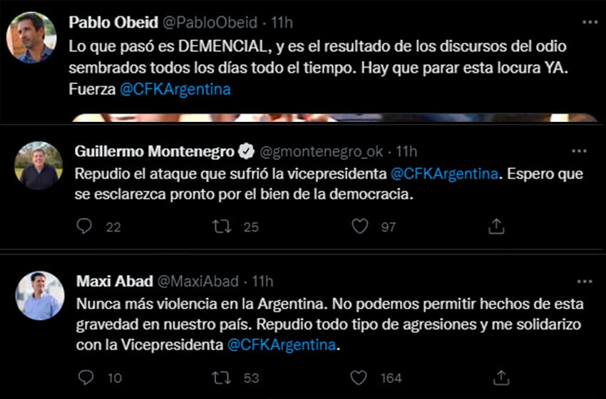 Repudio generalizado del arco político local al atentado contra Cristina Fernández