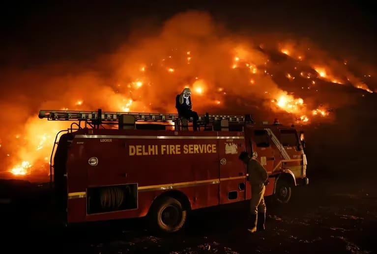 Uno de los basurales más grandes del mundo se incendia en la India y los bomberos no consiguen controlar las llamas.