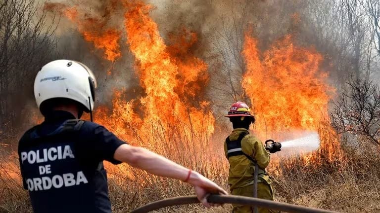 Córdoba: Bomberos combaten los focos de incendio en la zona sur del cerro Champaquí (Foto: Irma Montiel)